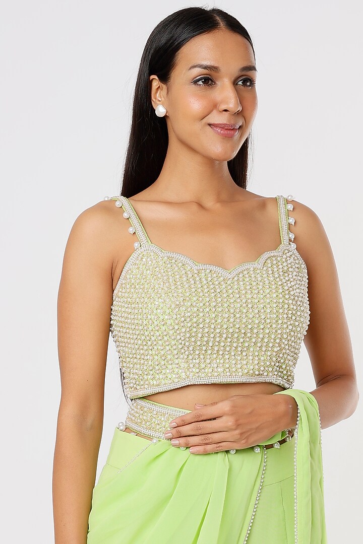 Lime Green Georgette Raw Silk & Georgette Sequins Embroidered Sharara Wedding Saree Set by Kresha Lulla at Pernia's Pop Up Shop