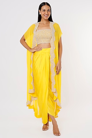 Yellow Georgette Dhoti Set by Kresha Lulla