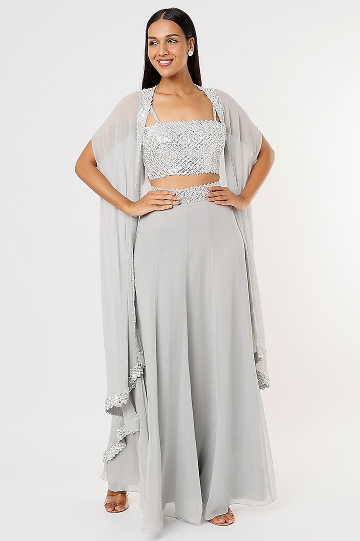 Grey Georgette Skirt Set by Kresha Lulla
