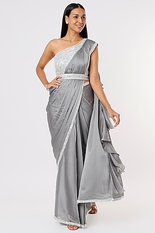 Silver Satin Embroidered Saree Set by Kresha Lulla