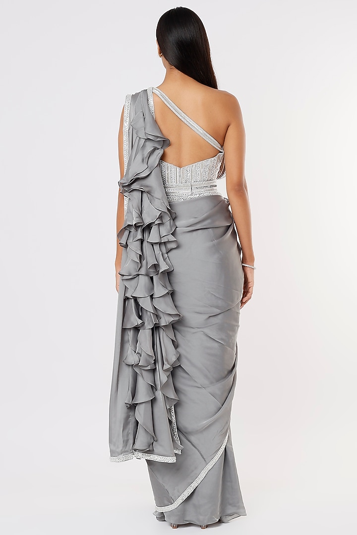 Silver Satin Embroidered Wedding Saree Set by Kresha Lulla at Pernia's Pop Up Shop