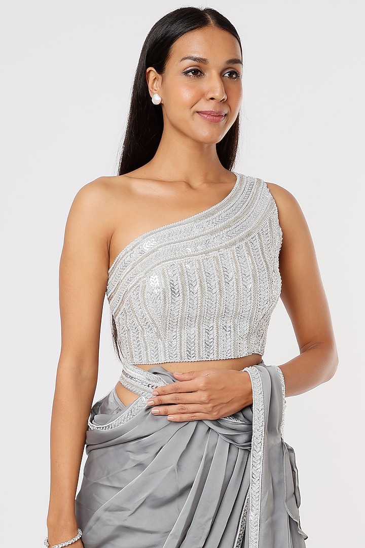 Silver Satin Embroidered Wedding Saree Set by Kresha Lulla at Pernia's Pop Up Shop