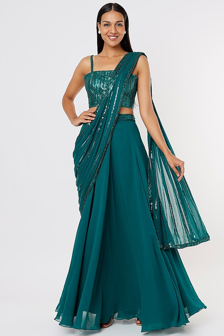 Teal Green Sequined Lehenga Saree by Kresha Lulla