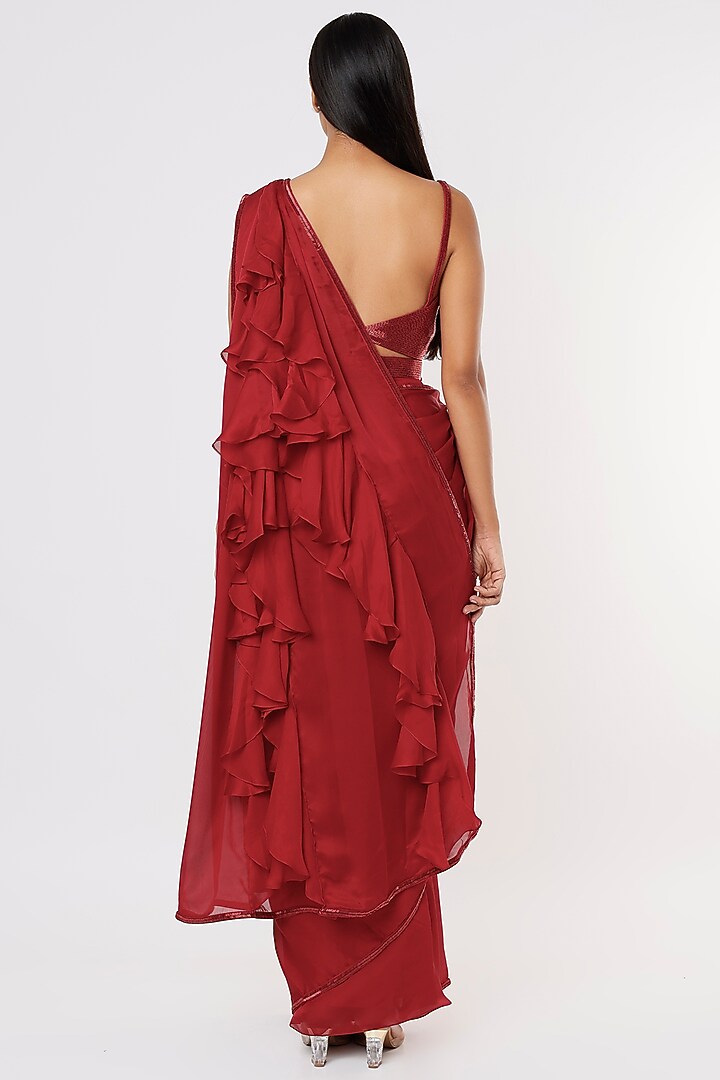 Red Ruffled Wedding Saree Set by Kresha Lulla at Pernia's Pop Up Shop