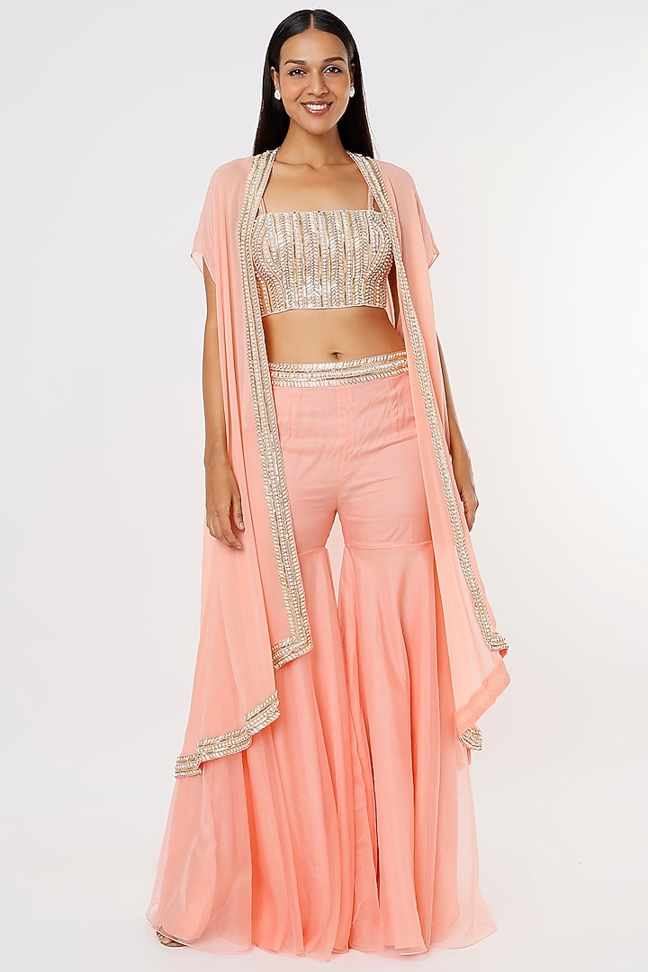 Peach Embroidered Cape Set by Kresha Lulla at Pernia's Pop Up Shop