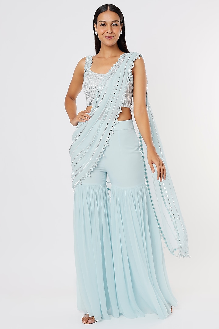 Powder Blue Embroidered Sharara Saree by Kresha Lulla at Pernia's Pop Up Shop