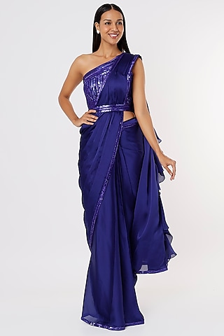 Royal Blue Satin Georgette Saree Set by Kresha Lulla