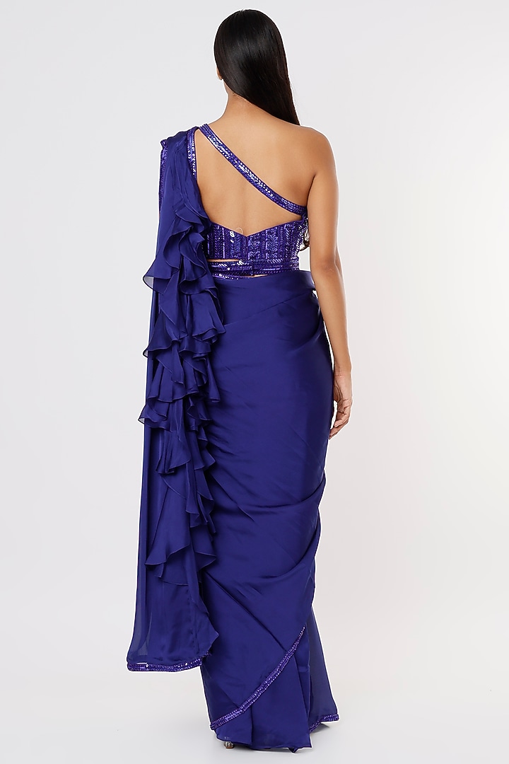 Royal Blue Satin Georgette Wedding Saree Set by Kresha Lulla at Pernia's Pop Up Shop