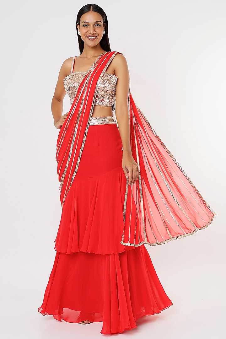 Neon Coral Georgette Sequins Embroidered Ruffled Pre-Stitched Saree Set by Kresha Lulla
