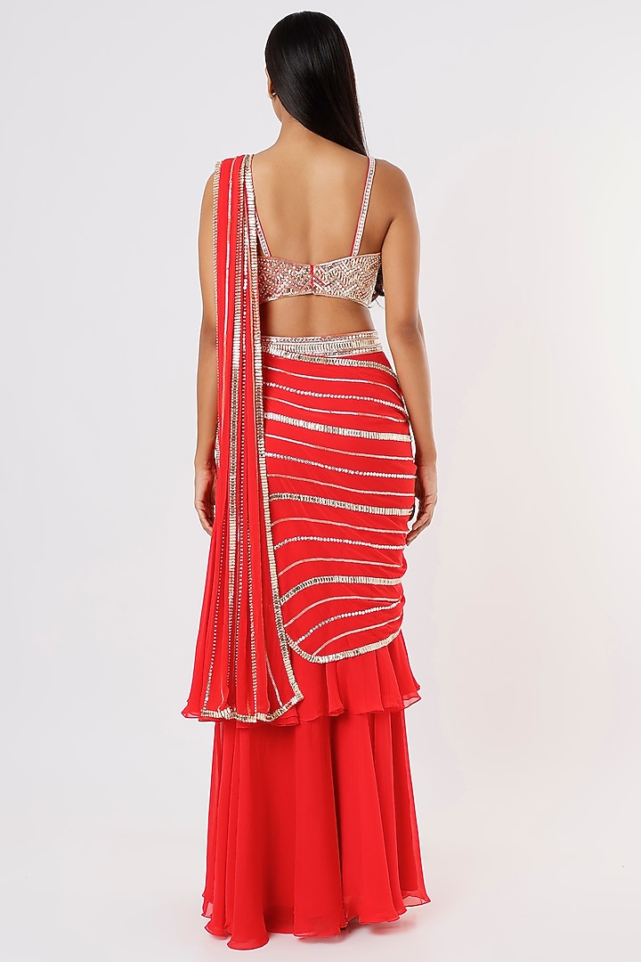 Neon Coral Georgette Sequins Embroidered Ruffled Pre-Stitched Wedding Saree Set by Kresha Lulla at Pernia's Pop Up Shop