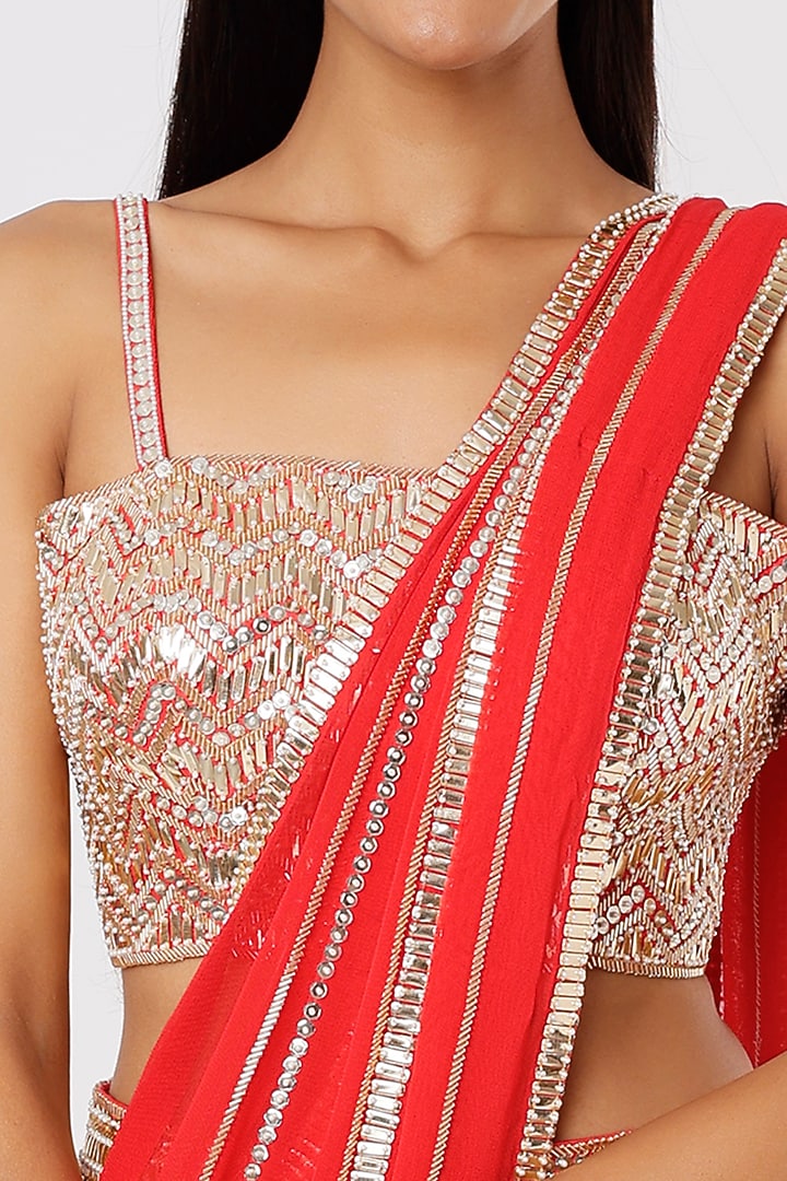 Neon Coral Georgette Sequins Embroidered Ruffled Pre-Stitched Wedding Saree Set by Kresha Lulla at Pernia's Pop Up Shop