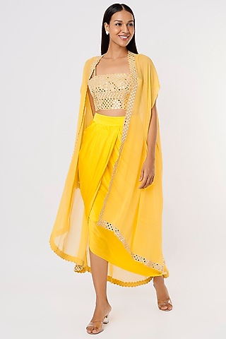 Yellow Mirror Embroidered Dhoti Set by Kresha Lulla