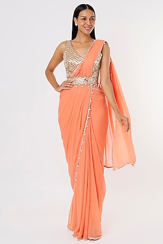 Orange Pre-Stitched Saree Set by kresha lulla