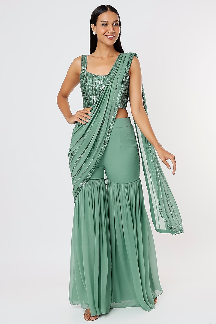 Sage Green Embroidered Sharara Saree Set by Kresha Lulla at Pernia's Pop Up Shop