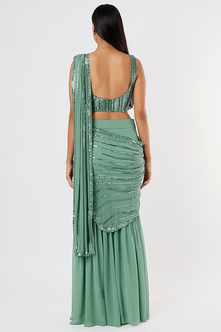 Sage Green Embroidered Sharara Wedding Saree Set by Kresha Lulla at Pernia's Pop Up Shop