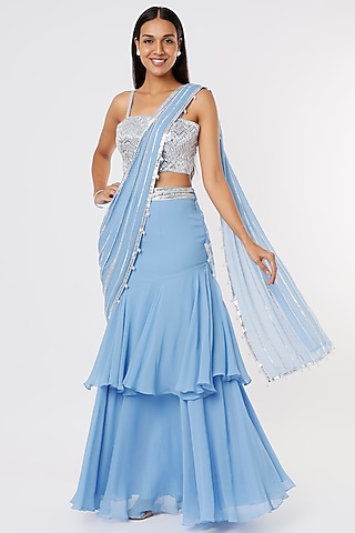 Ferozi Blue Raw Silk & Georgette Sequins Work Lehenga Saree Set by Kresha Lulla