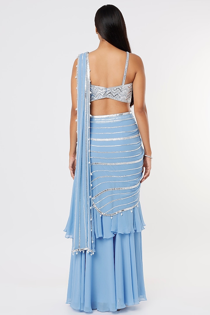 Ferozi Blue Raw Silk & Georgette Sequins Work Wedding Lehenga Saree Set by Kresha Lulla at Pernia's Pop Up Shop