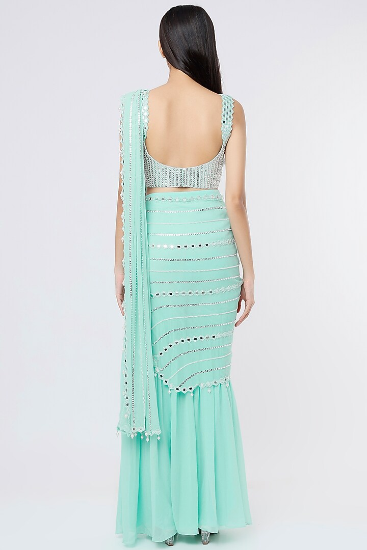 Aqua Raw Silk & Georgette Mirror Work Sharara Wedding Saree Set by Kresha Lulla at Pernia's Pop Up Shop