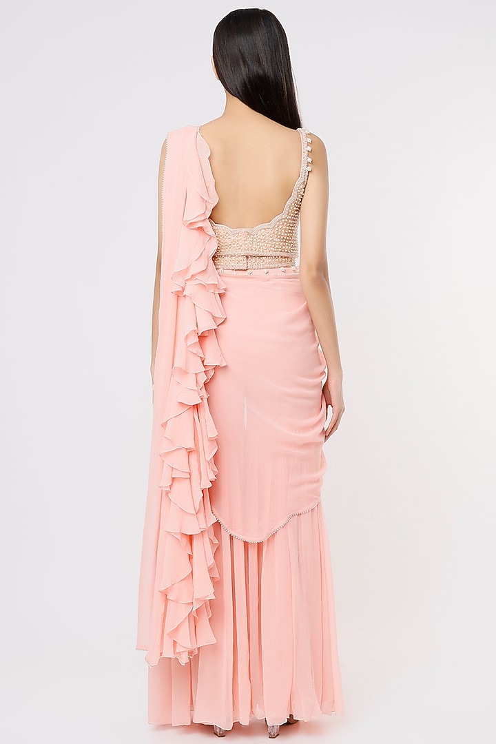 Peach Raw Silk & Georgette Pearl Work Ruffled Sharara Wedding Saree Set by Kresha Lulla at Pernia's Pop Up Shop