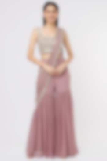 Mauve Raw Silk & Georgette Sharara Wedding Saree Set by Kresha Lulla at Pernia's Pop Up Shop