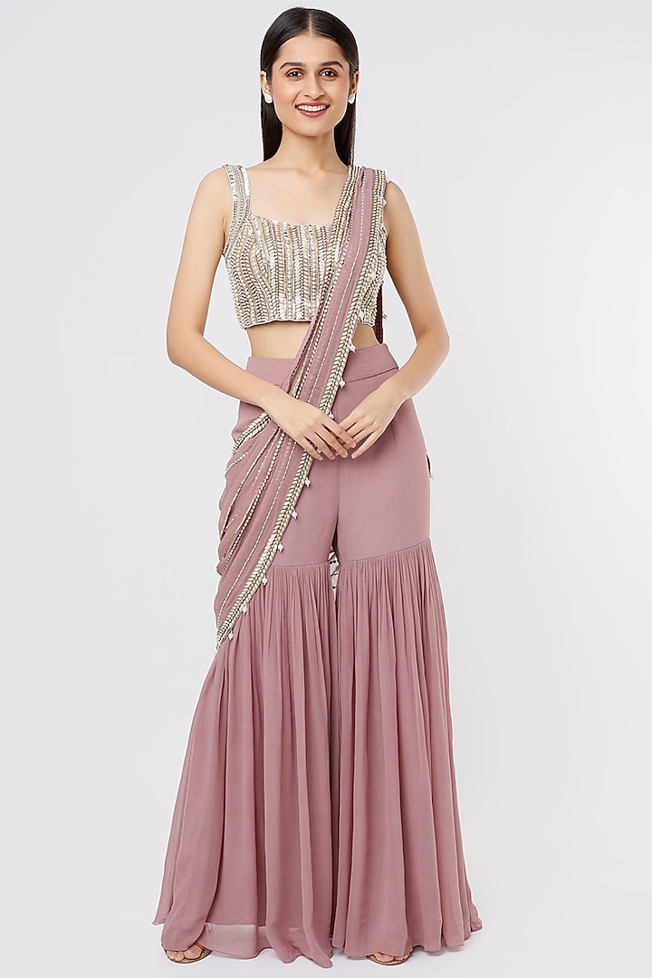 Mauve Raw Silk & Georgette Sharara Wedding Saree Set by Kresha Lulla at Pernia's Pop Up Shop