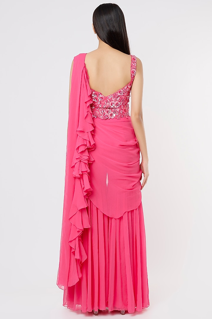 Fuchsia Raw Silk & Georgette Sharara Wedding Saree Set by Kresha Lulla at Pernia's Pop Up Shop