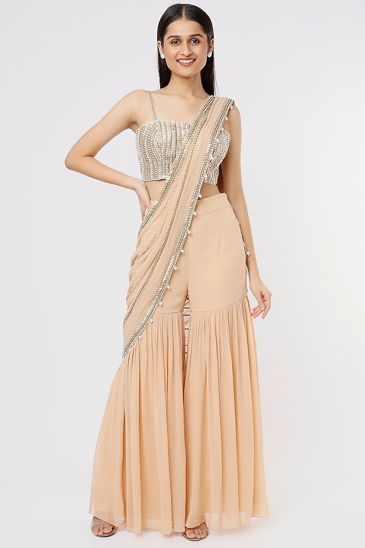 Beige Embroidered Sharara Saree Set by Kresha Lulla