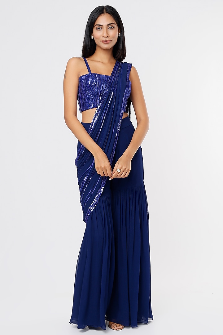 Royal Blue Raw Silk & Georgette Sequins Embroidered Sharara Saree Set by Kresha Lulla
