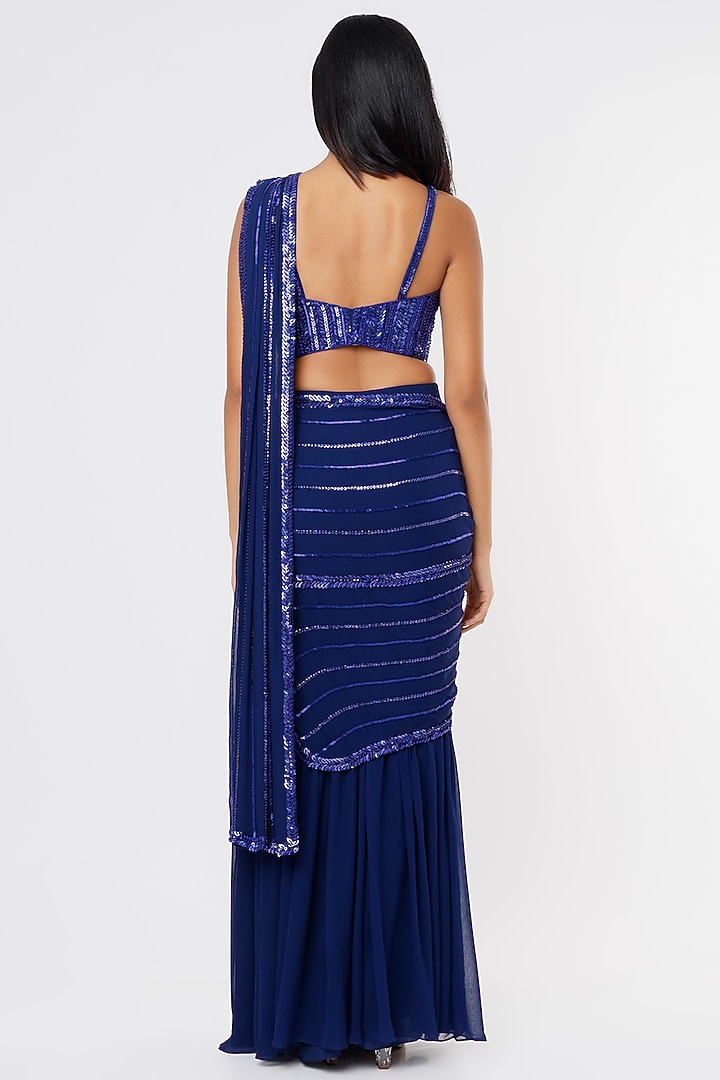Royal Blue Raw Silk & Georgette Sequins Embroidered Sharara Wedding Saree Set by Kresha Lulla at Pernia's Pop Up Shop