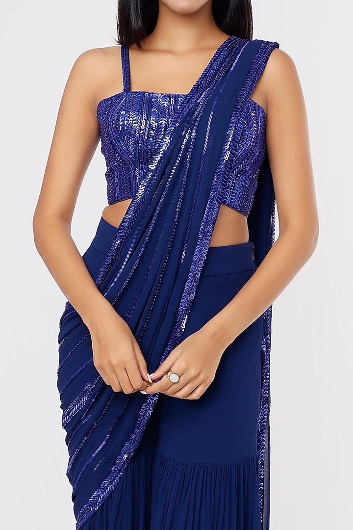 Royal Blue Raw Silk & Georgette Sequins Embroidered Sharara Wedding Saree Set by Kresha Lulla at Pernia's Pop Up Shop