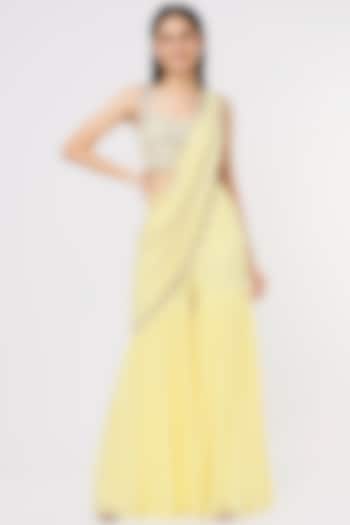 Lemon Yellow Raw Silk & Georgette Mirror Work Sharara Wedding Saree Set by Kresha Lulla at Pernia's Pop Up Shop
