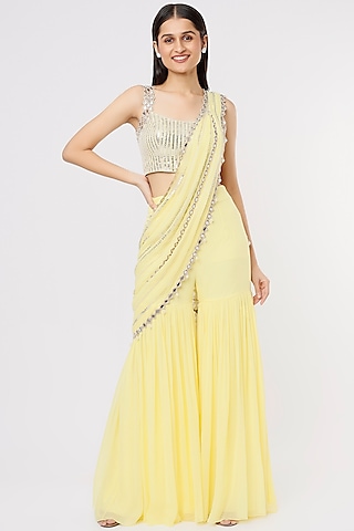 Lemon Yellow Raw Silk & Georgette Mirror Work Sharara Saree Set by Kresha Lulla