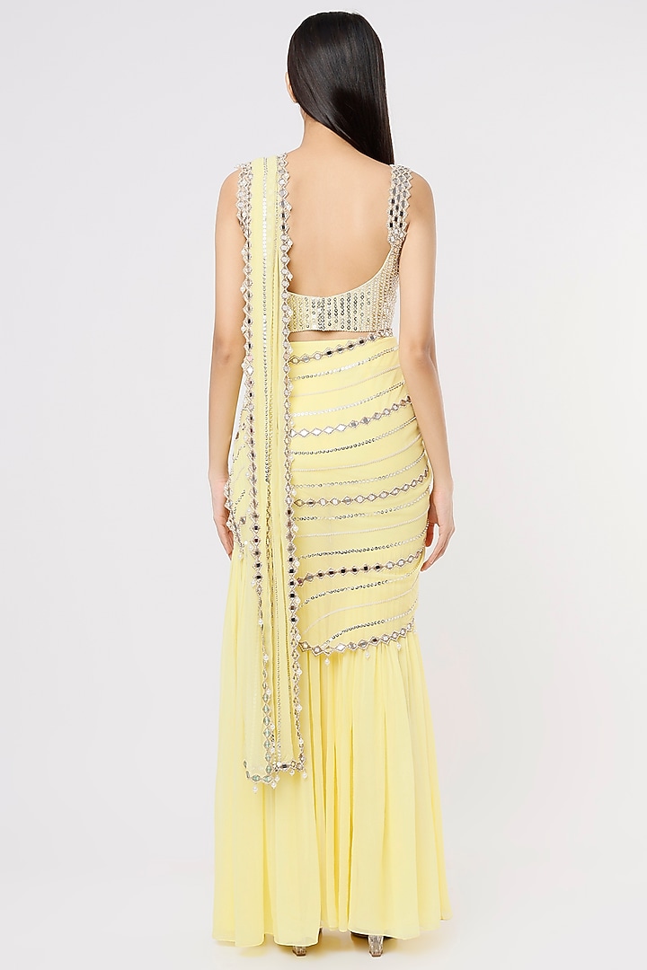 Lemon Yellow Raw Silk & Georgette Mirror Work Sharara Wedding Saree Set by Kresha Lulla at Pernia's Pop Up Shop