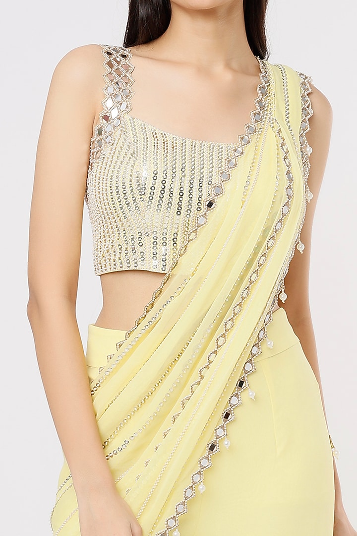 Lemon Yellow Raw Silk & Georgette Mirror Work Sharara Wedding Saree Set by Kresha Lulla at Pernia's Pop Up Shop