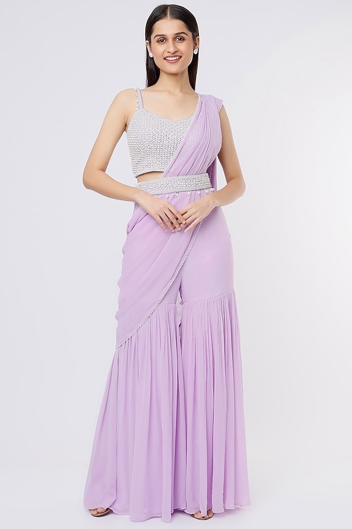 Lavender Raw Silk & Georgette Pearl Work Sharara Wedding Saree Set by Kresha Lulla at Pernia's Pop Up Shop