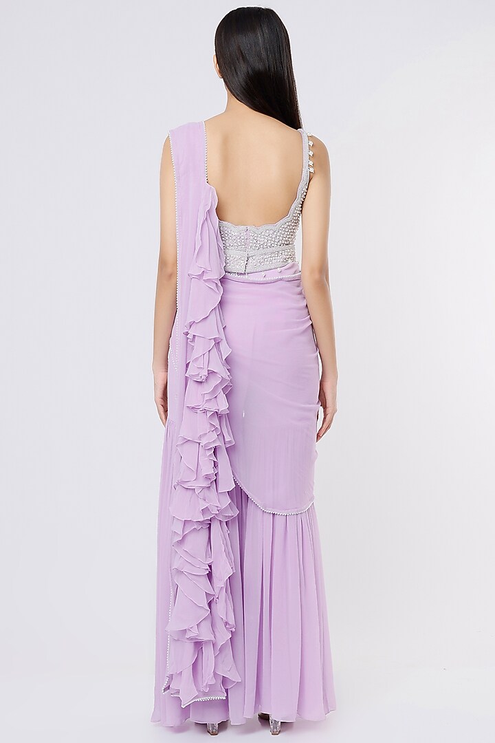 Lavender Raw Silk & Georgette Pearl Work Sharara Wedding Saree Set by Kresha Lulla at Pernia's Pop Up Shop