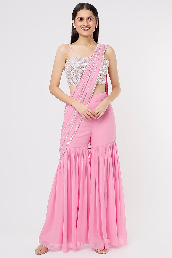 Pink Georgette Sharara Saree Set by Kresha Lulla at Pernia's Pop Up Shop