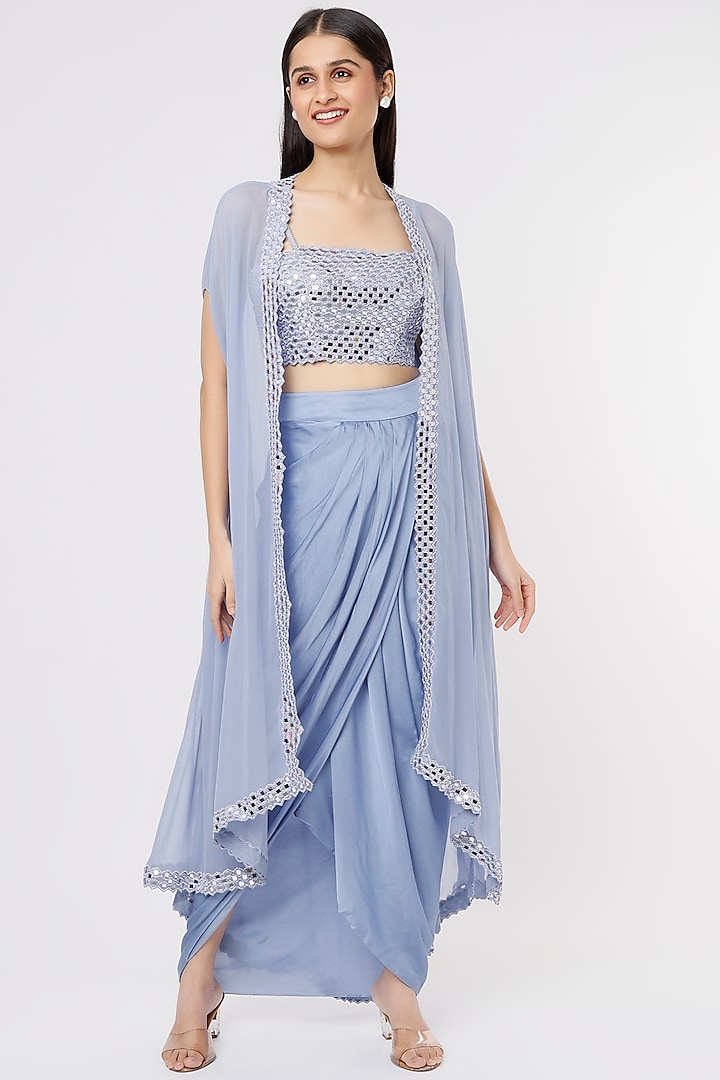 Periwinkle Blue Embroidered Cape Set by Kresha Lulla
