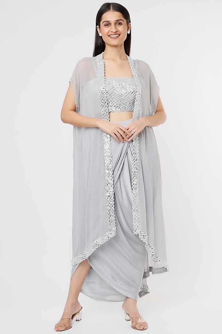 Light Grey Silk Cape Set by Kresha Lulla at Pernia's Pop Up Shop