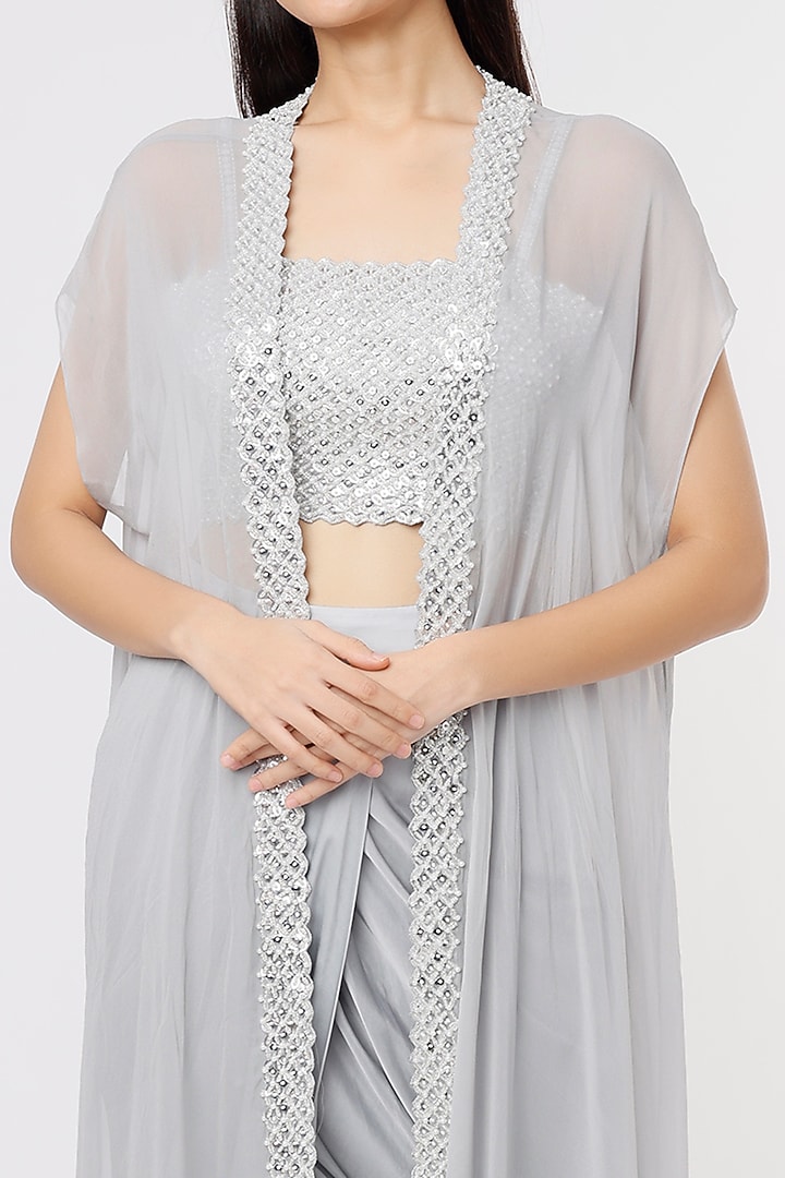 Light Grey Silk Cape Set by Kresha Lulla at Pernia's Pop Up Shop