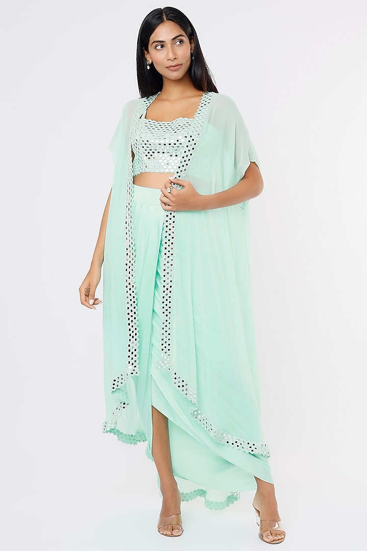 Aqua Embroidered Cape Set by Kresha Lulla at Pernia's Pop Up Shop