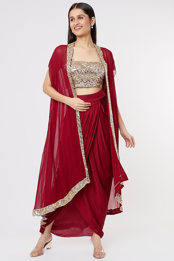 Maroon Georgette Cape Set by Kresha Lulla at Pernia's Pop Up Shop