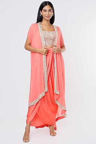 Coral Orange Georgette Cape Set by Kresha Lulla