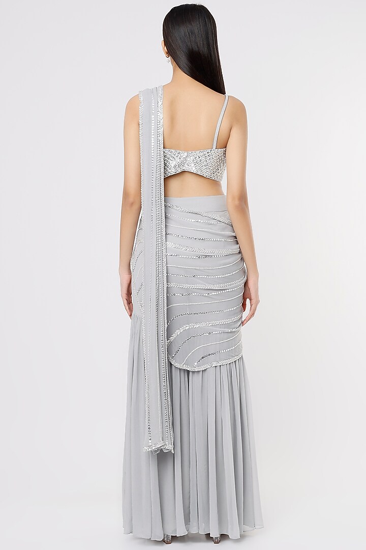 Light Grey Raw Silk & Georgette Sharara Wedding Saree Set by Kresha Lulla at Pernia's Pop Up Shop