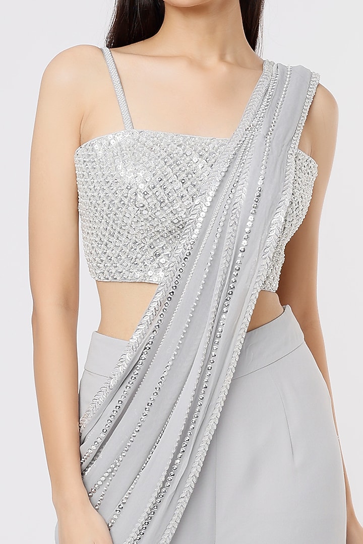 Light Grey Raw Silk & Georgette Sharara Wedding Saree Set by Kresha Lulla at Pernia's Pop Up Shop