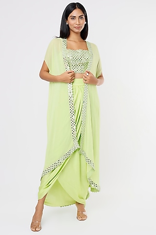 Lime Green Embroidered Cape Set by Kresha Lulla