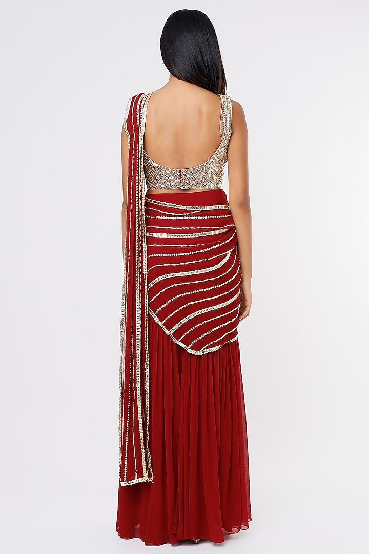 Maroon Raw Silk & Georgette Sharara Wedding Saree Set by Kresha Lulla at Pernia's Pop Up Shop