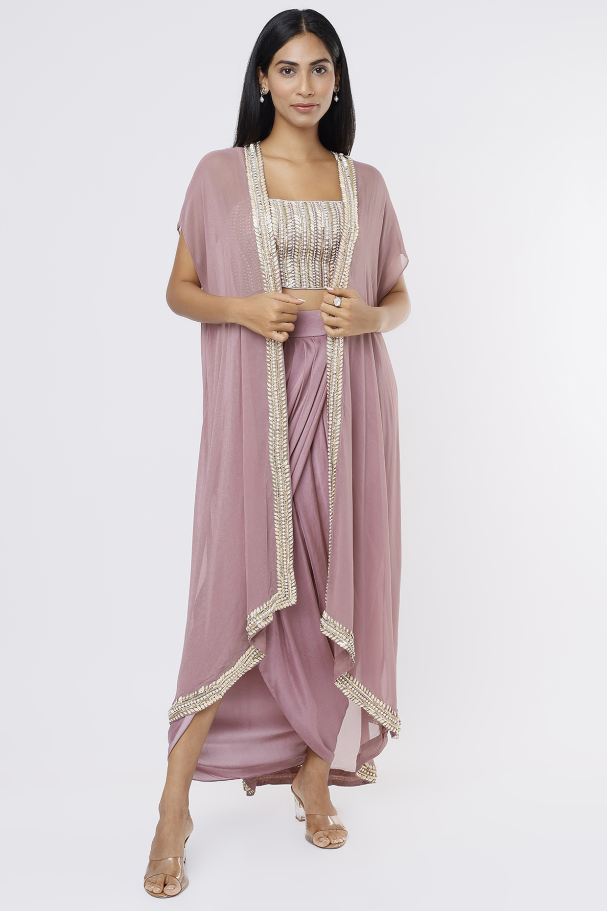 Mauve Georgette Cape Set by Kresha Lulla at Pernia's Pop Up Shop