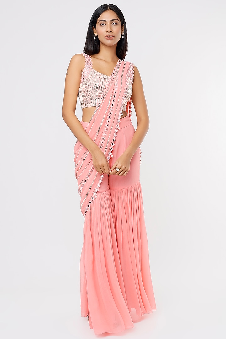 Bubble Pink Raw Silk & Georgette Mirror Work Sharara Wedding Saree Set by Kresha Lulla at Pernia's Pop Up Shop