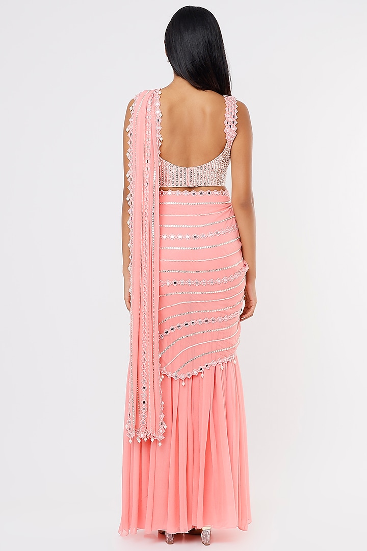 Bubble Pink Raw Silk & Georgette Mirror Work Sharara Wedding Saree Set by Kresha Lulla at Pernia's Pop Up Shop